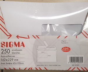 Enveloppes blanches à fenêtre auto-adhésives format C5 - Sigma réf 931032 - nombre 250
